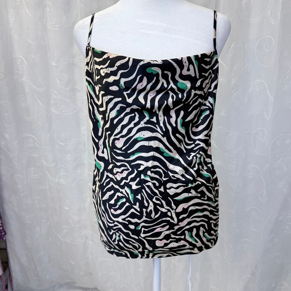 Y2K Zebra Print Cowl Neck Cami Nine West Black Green Abstract Satin Tank Top XL